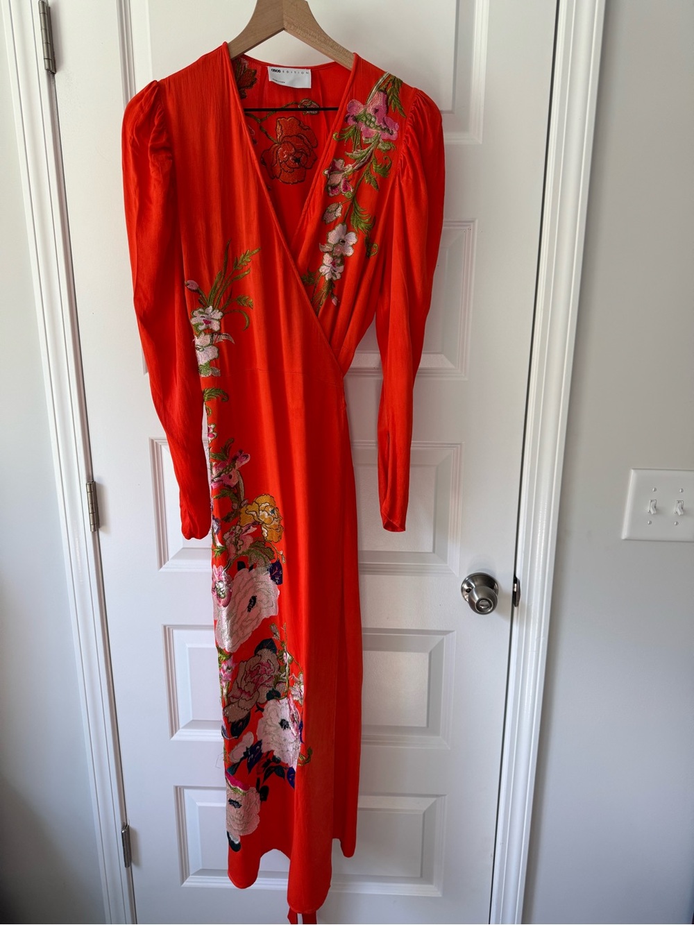 ASOS Red Floral Wrap Midi Dress with Long Sleeves - Picture 5 of 7